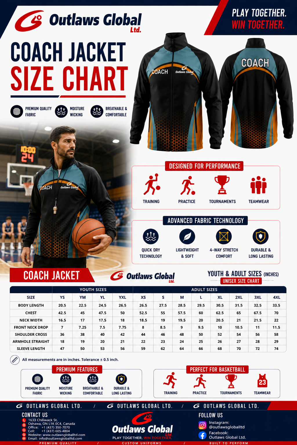 Outlaws Global Ltd. Basketball Cach Jacket Siz Chart.
