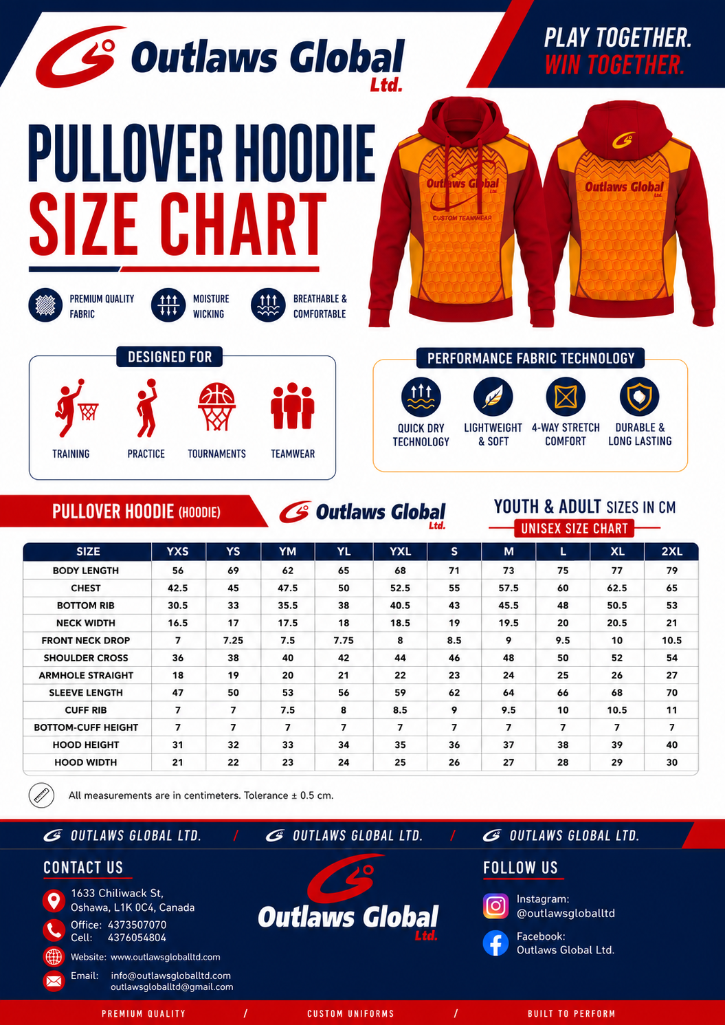 Outlaws Global Ltd. Basketball Pullover Hoodies Size Chart.