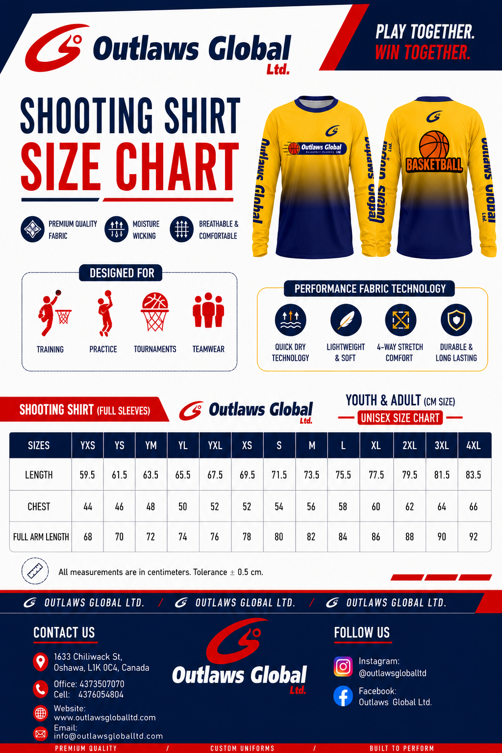 Outlaws Global Ltd. Basketball Shooting Shirts Size Chart
