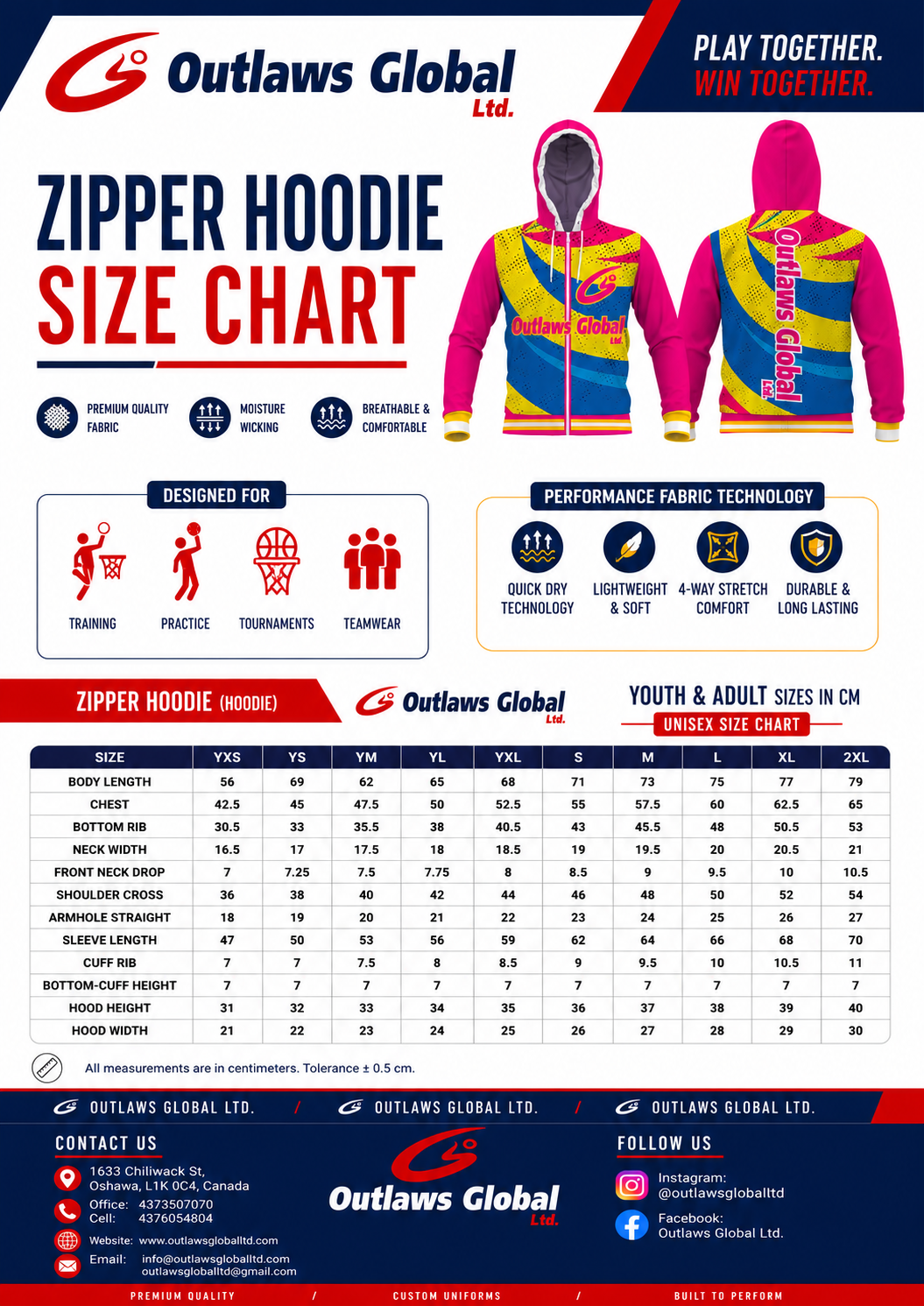 Outlaws Global Ltd. Basketball Zipper Hoodies Size Chart.