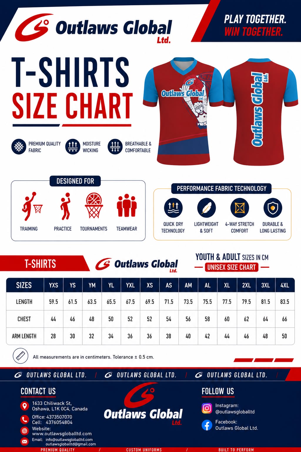 Outlaws Global Ltd. Basketball V-Neck Shirts Size Chart.