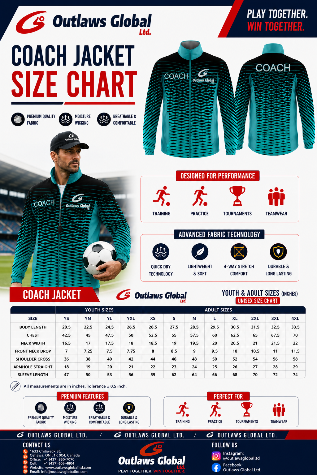 Outlaws Global Ltd. Soccer Coach Jacket Size Chart