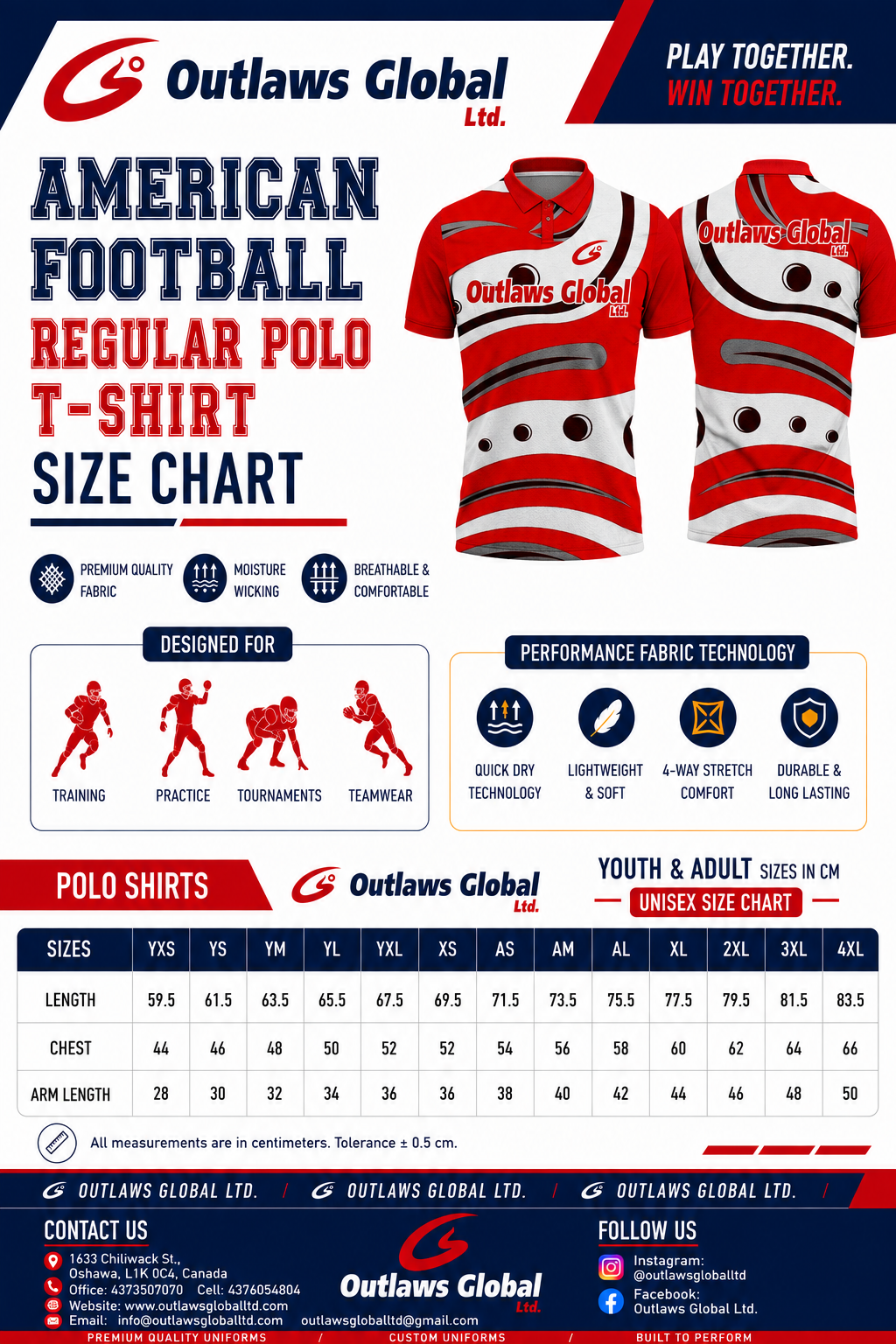 American Football Polo Shirts Size Chart by Outlaws Global Ltd.