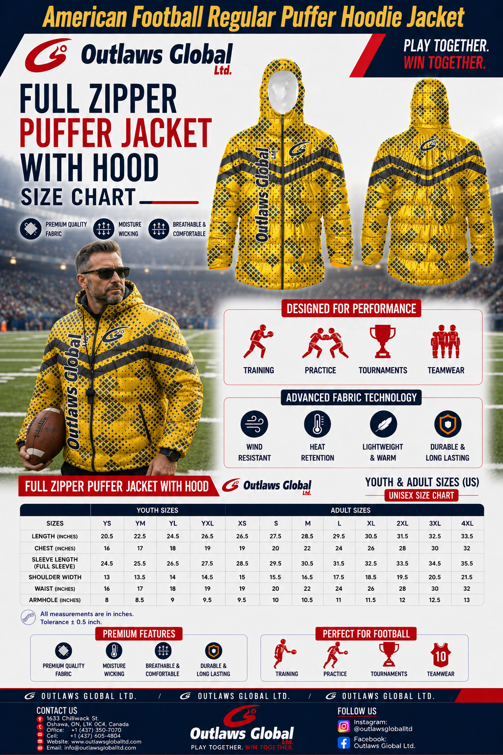 American Football Puffer Jackets Size Chart by Outlaws Global Ltd.