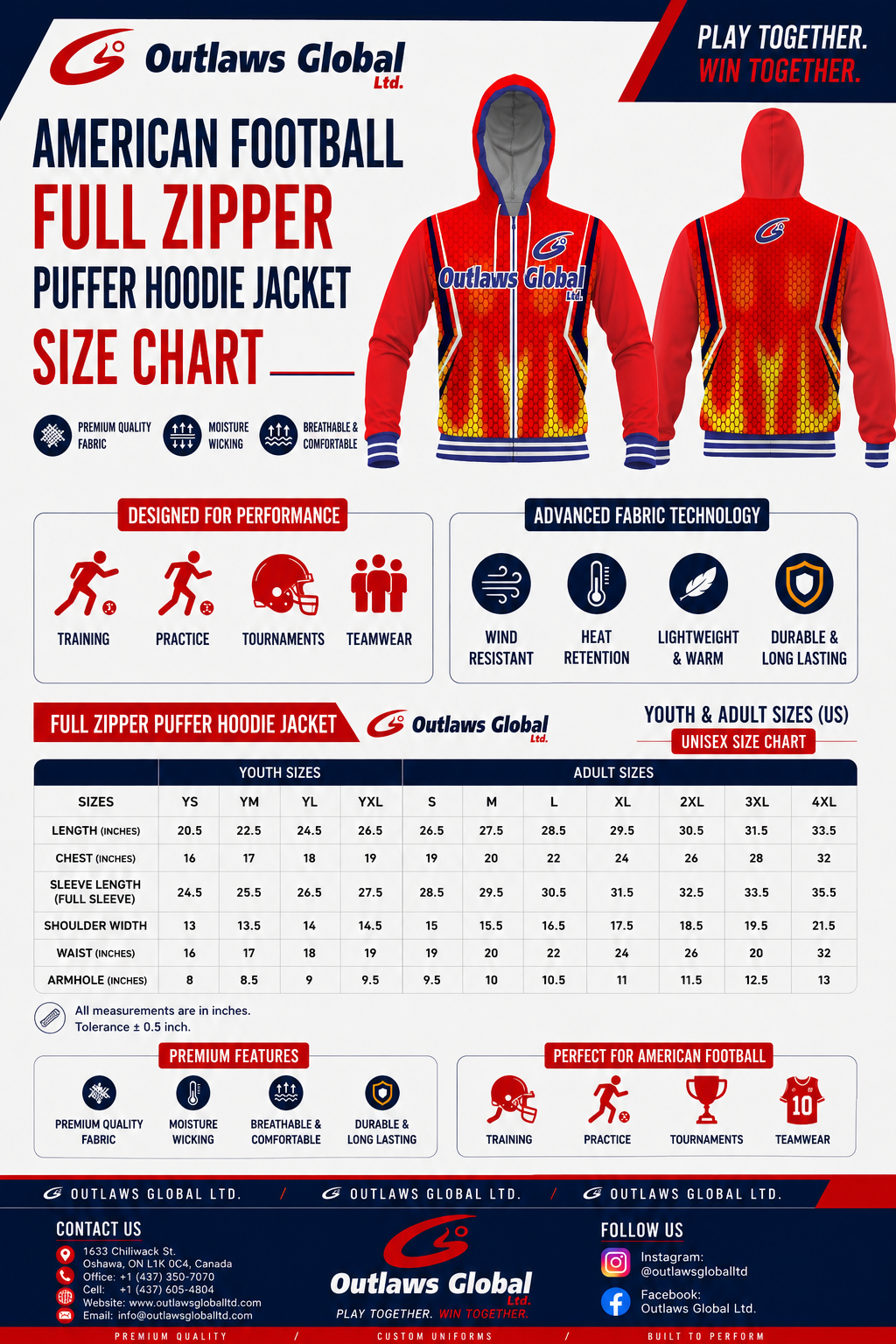 American Football Zipper Hoodies Size chart by Outlaws Global Ltd.