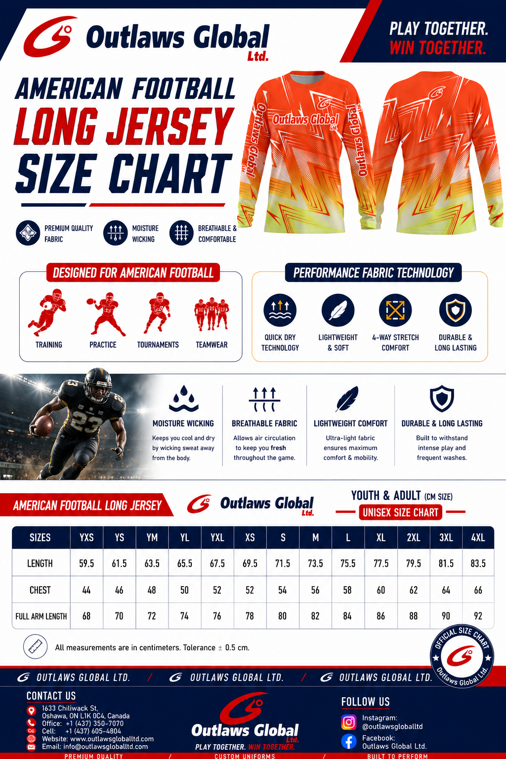 American Football Player Long Sleeve Jersey Size Chart by Outlaws Global Ltd