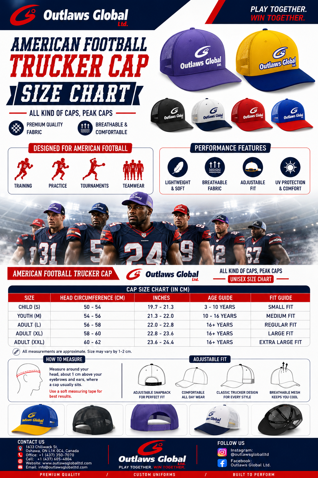 Outlaws Global Ltd. American Football Player Caps SIze Chart